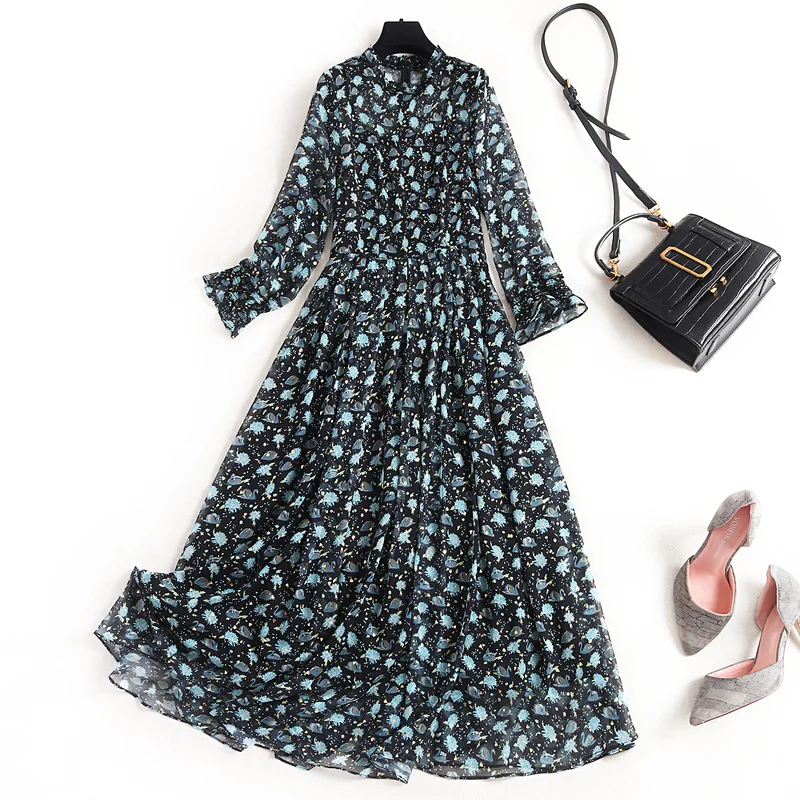 

2020 Spring European Gold Stamping New Fashion Floral Printed High Waist Wrist Sleeves Pink Black Long Pleated Maxi Dress Women