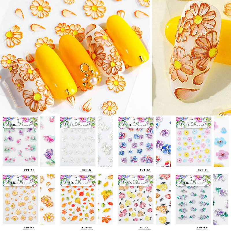 5D New Embossed Engraved Nail Stickers Women Beauty DIY Decal Butterfly Yellow Color Flower Manicure Water Decals