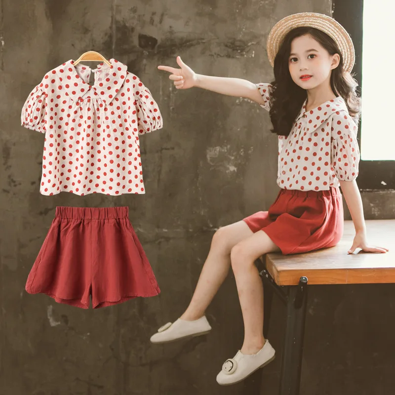 

Girls Summer Wave Point Clothes 2021 Casual Fashion Chiffon Thin T-shirt+Shorts Two Pieces kids teen girls clothes Sets 4-12