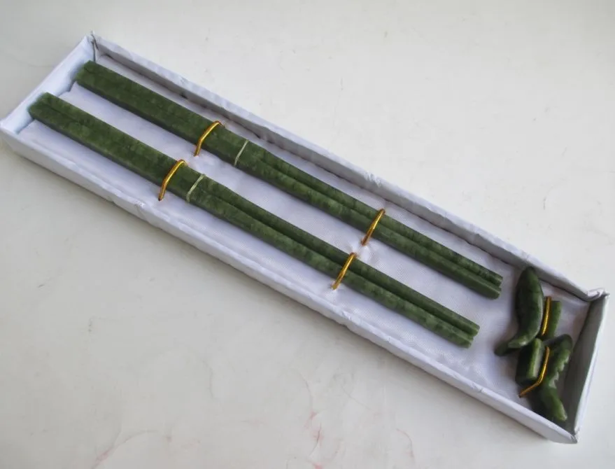 

Two Pair of Elaborate 100% natural jade chopsticks and Carp stood