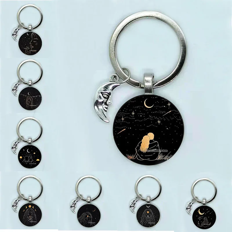 

Personality Black Background Cold Series Cartoon Romantic Hand-Painted Sun Star Flower 25mm Keychain Moon Accessories Keyring Gl