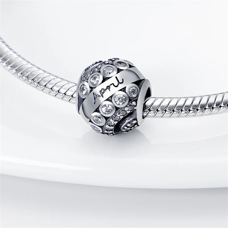 

New Silver Birthstone Series April plata de ley Charms Bead Fits Original Pandora Bracelet Necklace Woman Fashion Jewelry Gift