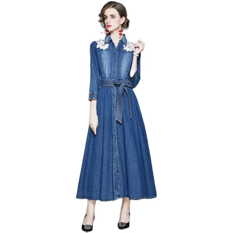 

High Street Spring Fashion Designer Flower Embroidery Long Denim Dress Women Elegant Lace Up Casual Robe Femme Aline Vestidos