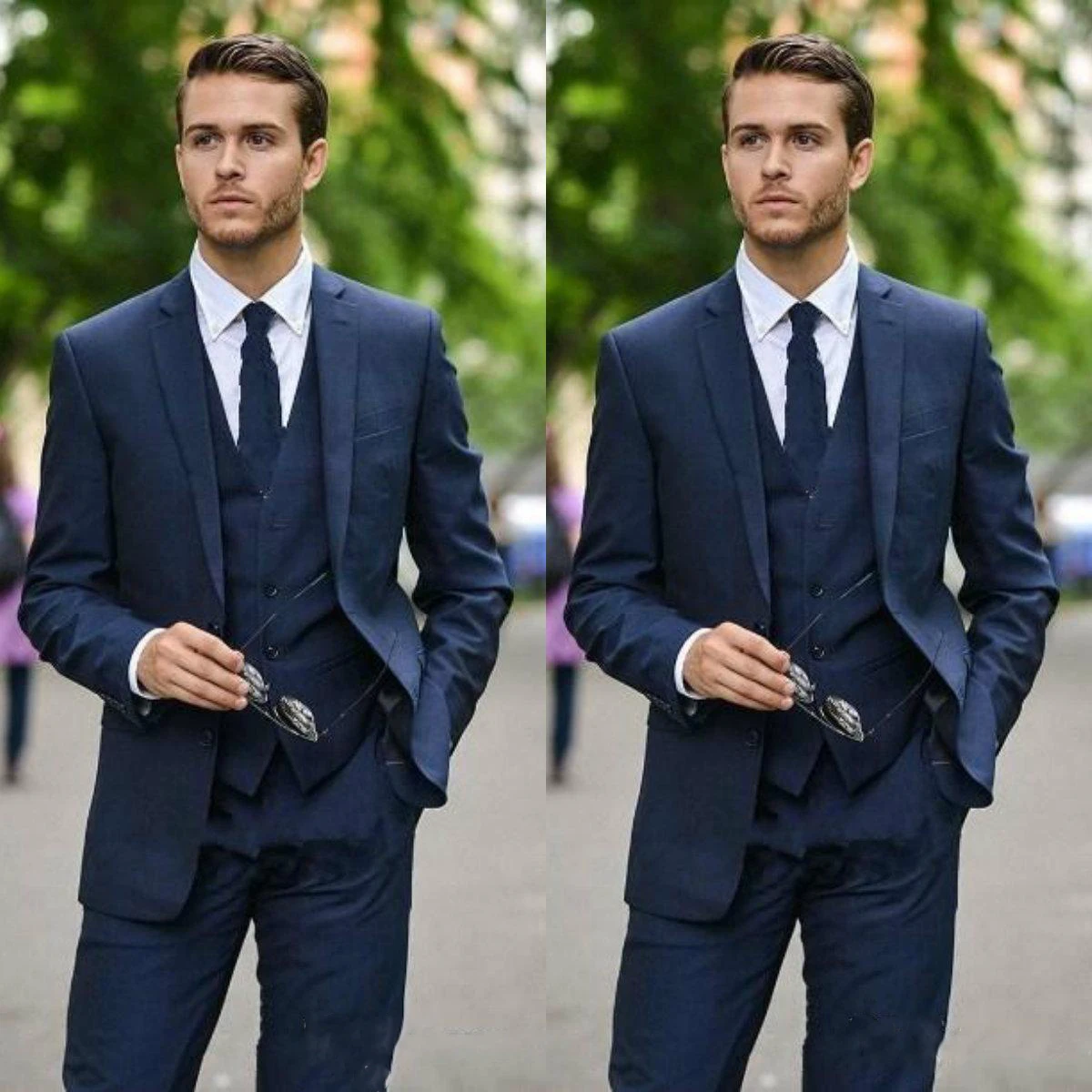 

New Navy Blue Mens Suits Groom Tuxedos Notch Lapel Mens Wedding Blazer Suits Custom Made 3 Pieces Suit(Jacket+Pants+Vest+Tie)