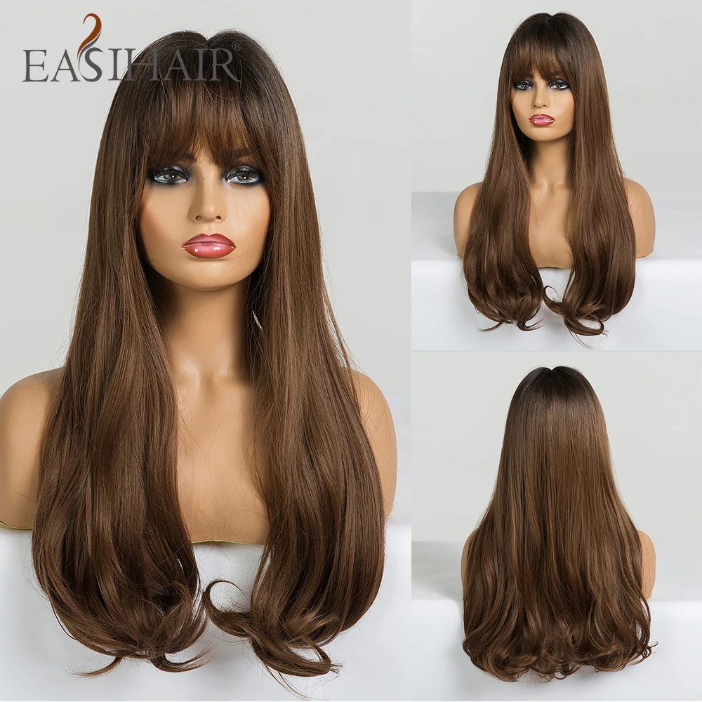 EASIHAIR длинные коричневые волнистые парики с челкой синтетические бесклеевые