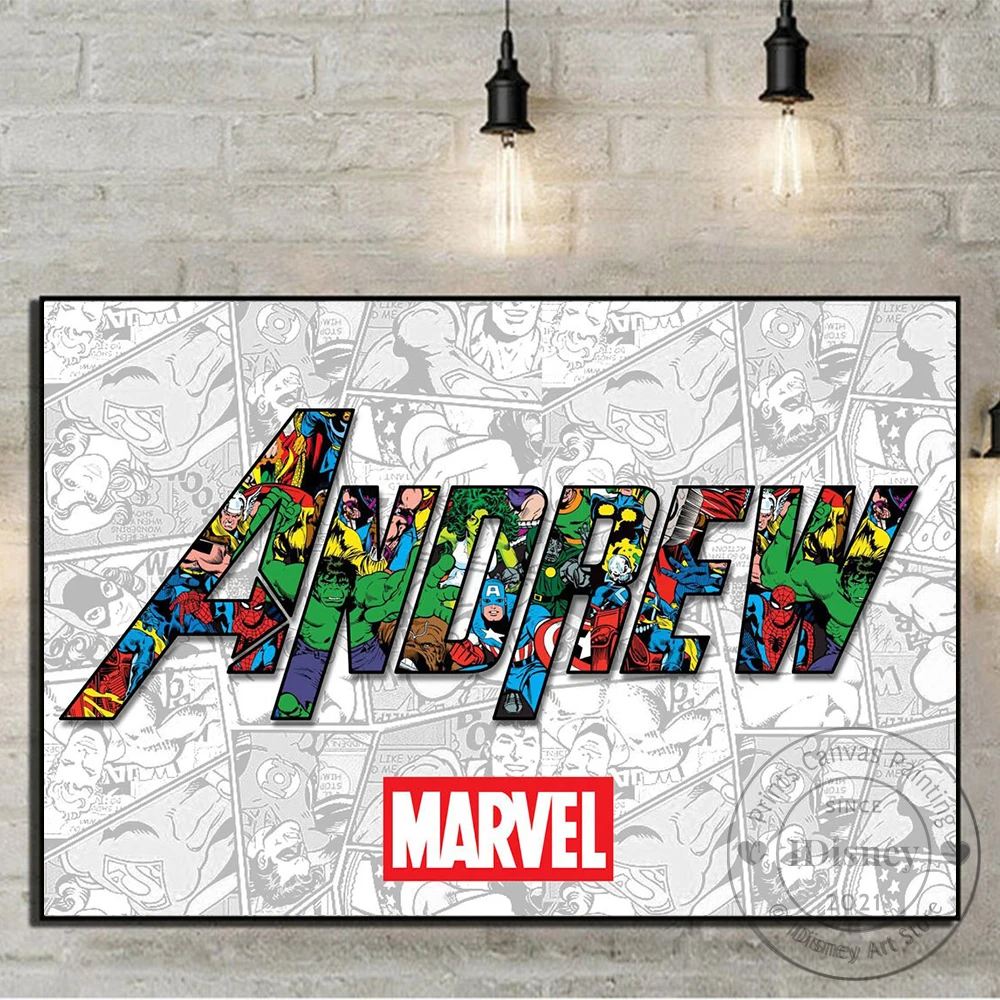 Персонализированный плакат с именем супергероя Marvel в подарок на день рождения для любителей комиксов, печать на холсте, декор для комнаты, картины Куадрос он.