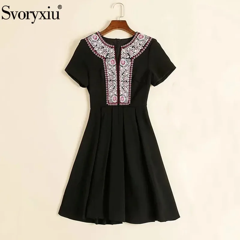 

Svoryxiu Runway Designer Summer Vintage Black Mini Dress Women's Fashion Short Sleeve Totem Embroidery Dresses Vestdios New