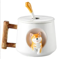 3d shiba inu cute coffee mug pattern inside14oz cup with opening lids and lovely matching cute paw spoon for office families