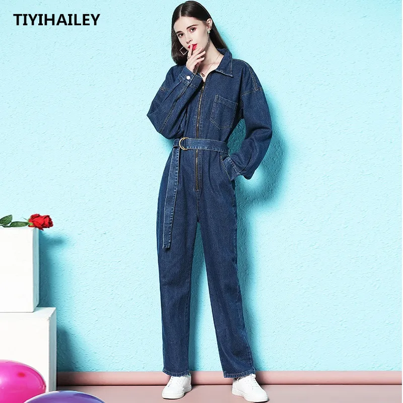 TIYIHAILEY Free Shipping Fashion Safari Style Long Sleeve Women Denim Jumpsuit And Rompers S-XL Spring Autumn Trousers Zipper