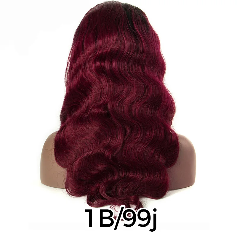 1B 99J Color wig 13X4 150% Невидимый красная объемная волна Синтетические волосы на кружеве парики из натуральных волос с Африканской структурой, предварительно вы эффектом деграде(переход от темного к Цвет Реми бордовый парики для чернокожих Для женщин - Цвет: 1B 99J Color wig