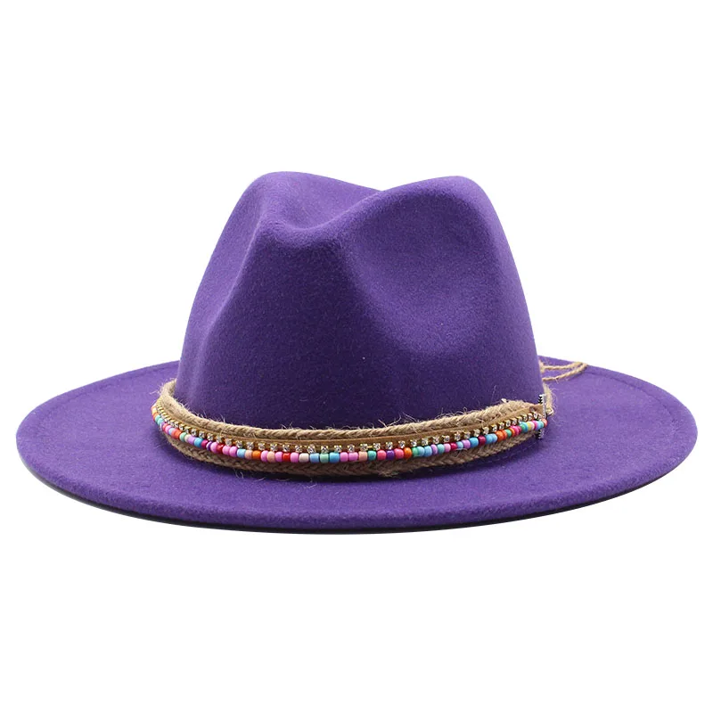 Seioum  Men Women Wide Brim Wool Felt Fedora Panama Hat with Belt Buckle Jazz Trilby Cap Party Formal Top Hat In White,black