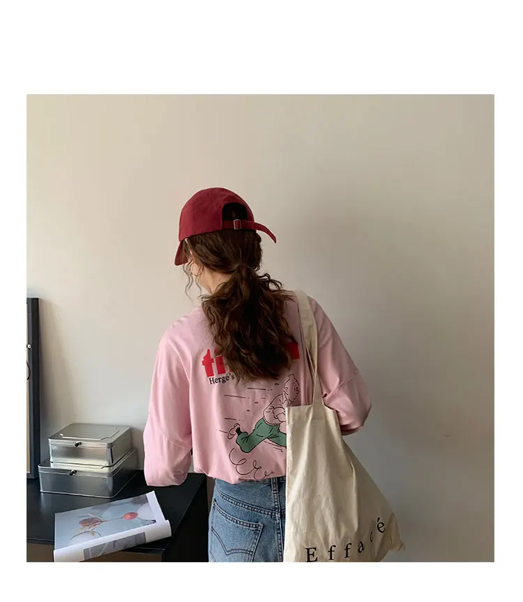 

3colors 2021 Spring autumn korean style cotton print split Thin long sleeve t shirts womens loose tops tee shirt femme (X1769)