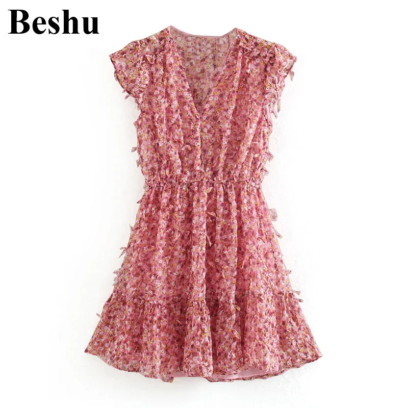 

za 2020 fashion mini dress women V-neck watermark printing draped sleeveless dress female elastic high waist chic A-line mujer