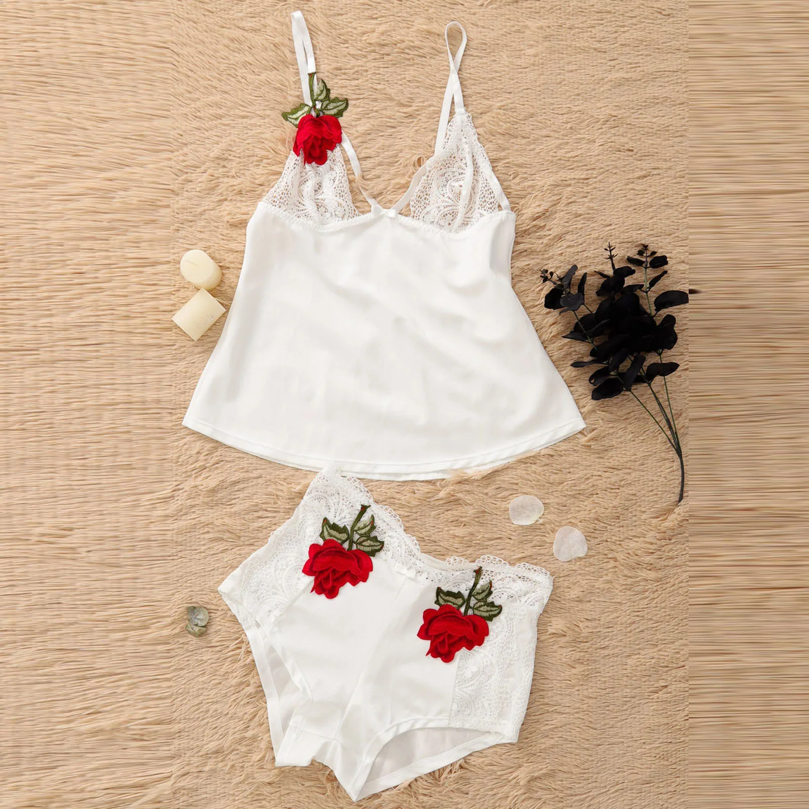 

Fashionable pajamas Ladies Sexy Lingerie Temptation Deep V Lace Embroidery Rose Pajamas Set Sexy hot pajamas nightdress HOT SELL
