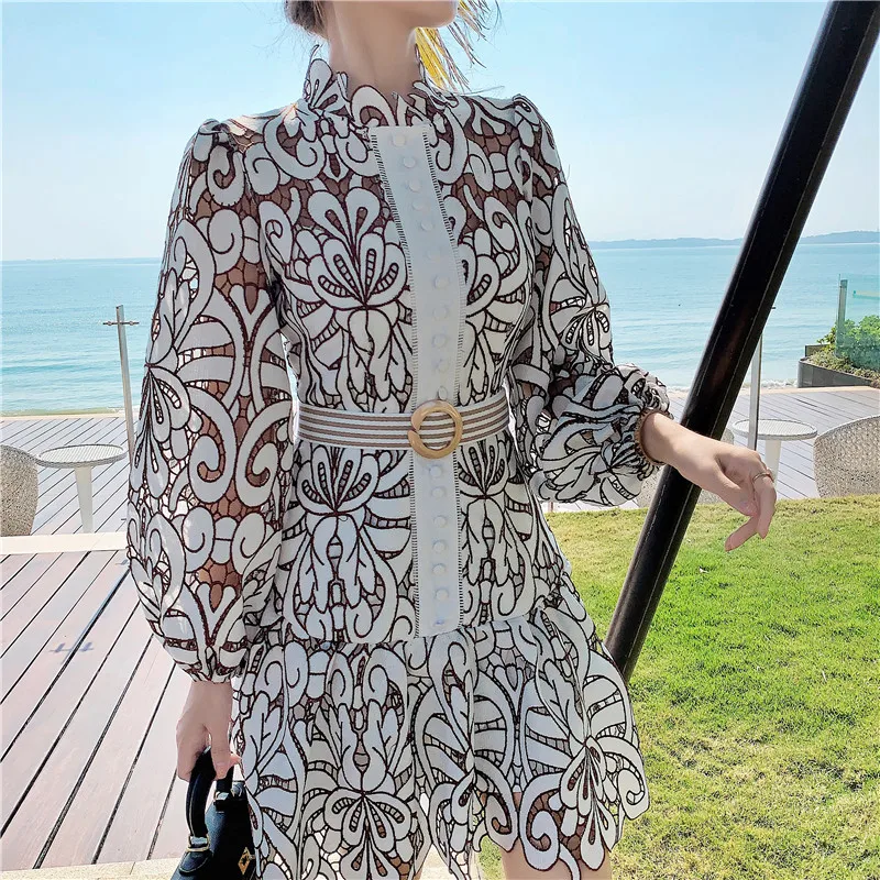 

Vintage Hollow Out Lace Floral Embroidery Dress Spring Autumn Women Stand Collar Lantern Sleeve High Waist Sashes Short Dresses