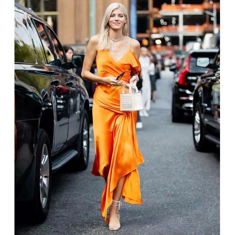 Платье AEL женское атласное с V образным вырезом пикантный ассиметричный сарафан