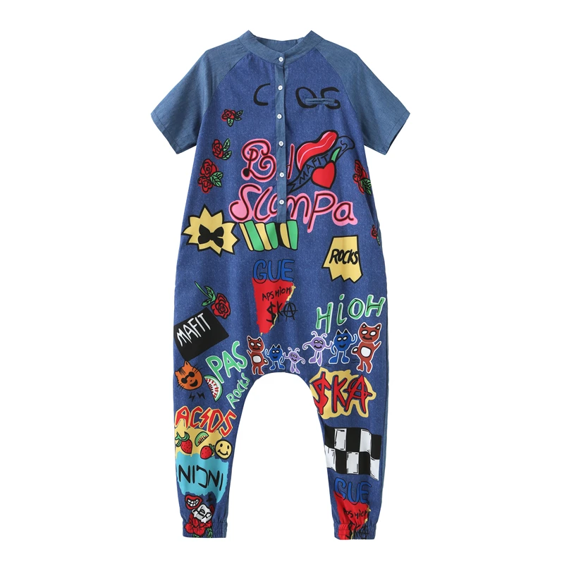 Повседневные комбинезоны с большими промежностными штанами Граффити принтом