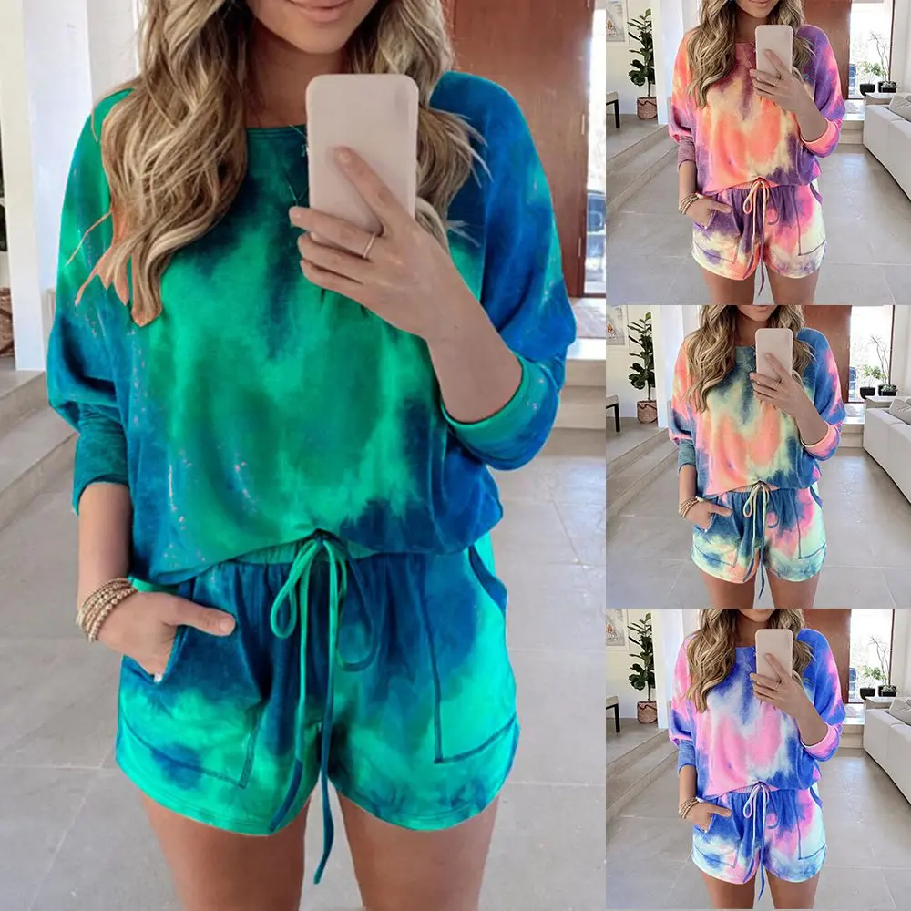 

Summer Tracksuits Women Tie Dye Two Peices Set Homewear Oversize Shirts High Waist Shorts Loose Casual Clothing Outfits