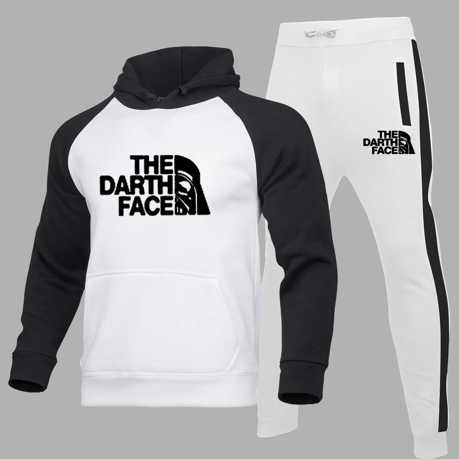 

New Mens Raglan Sleeve Sports Suit StitChing Sweater Printing Hoodie Suit