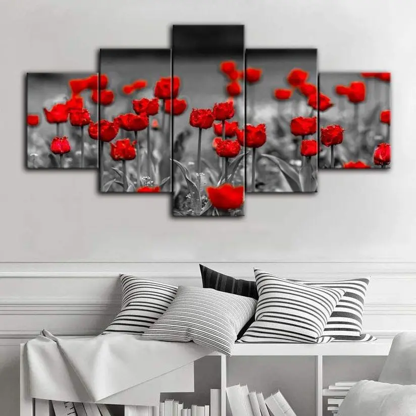 

Red Poppy Flower Scenery Landscape 5 Pieces Cuadros Wall Art Canvas HD Decorative Printed Posters Paintings Home Decor Pictures