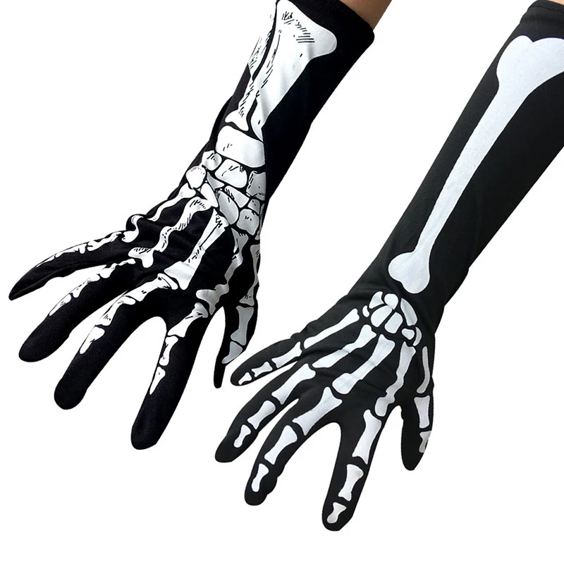 

Skeleton Gloves Halloween Gloves Full Finger Black White 1 Pairs Cosplay Elbow Length Ghost Bone Mittens