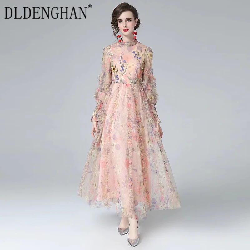 DLDENGHAN Designer Autumn Mesh Long Dress Women Beading Stand Collar Lantern Sleeve Flower Embroidery Ruffle Print Maxi Dresses