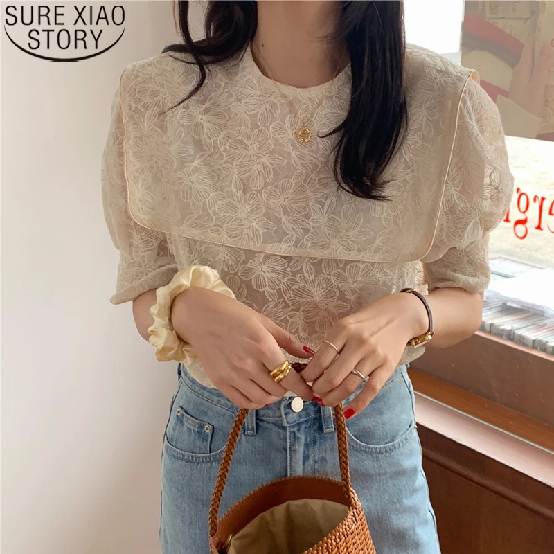 

2021 Summer Floral Half Sleeves Sweet Womens Fashion Big Lapel Embroidery Lace Blouse Women Loose Shirts Casual Tops Blusas 9955