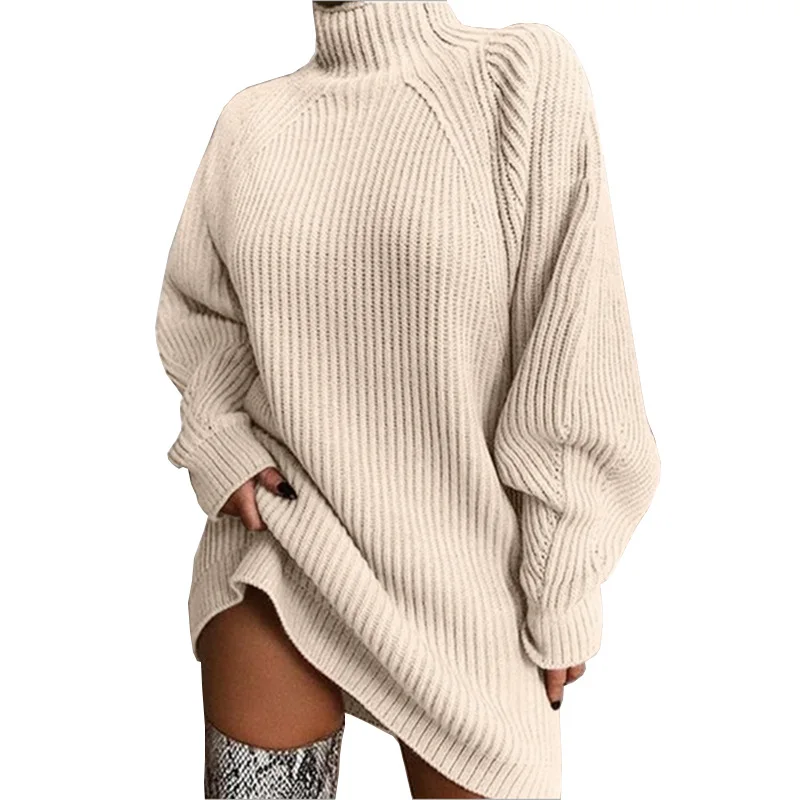 

Forehead Turtleneck Long Sleeve Sweater Dress Ladies Autumn/Winter Loose Top Knitted Casual Pink Gray Clothes Solid Color Dress