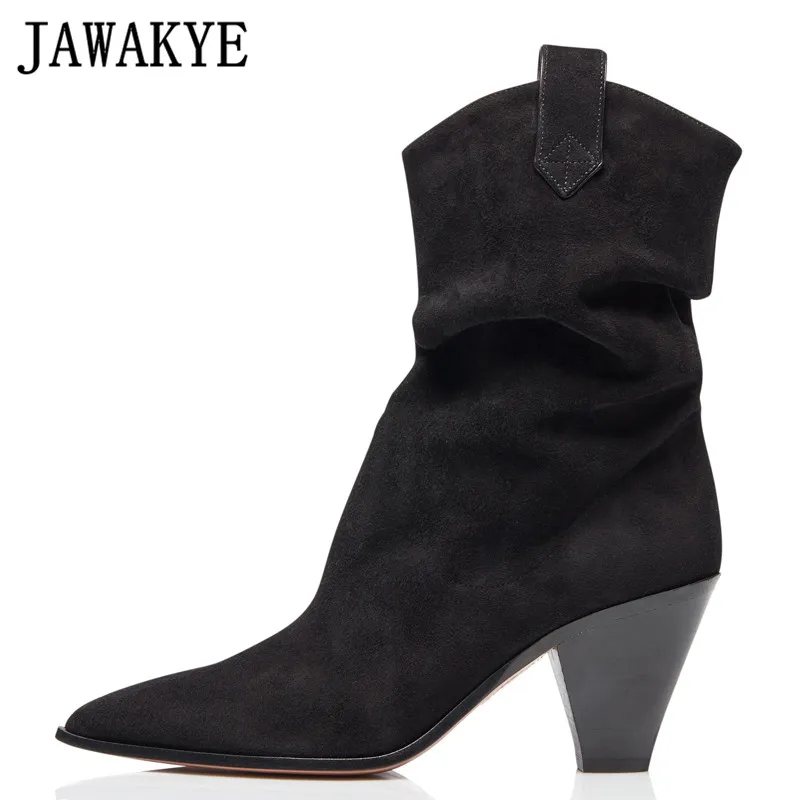 Новинка черные ботильоны из натуральной замши с острым носком женские ботинки на