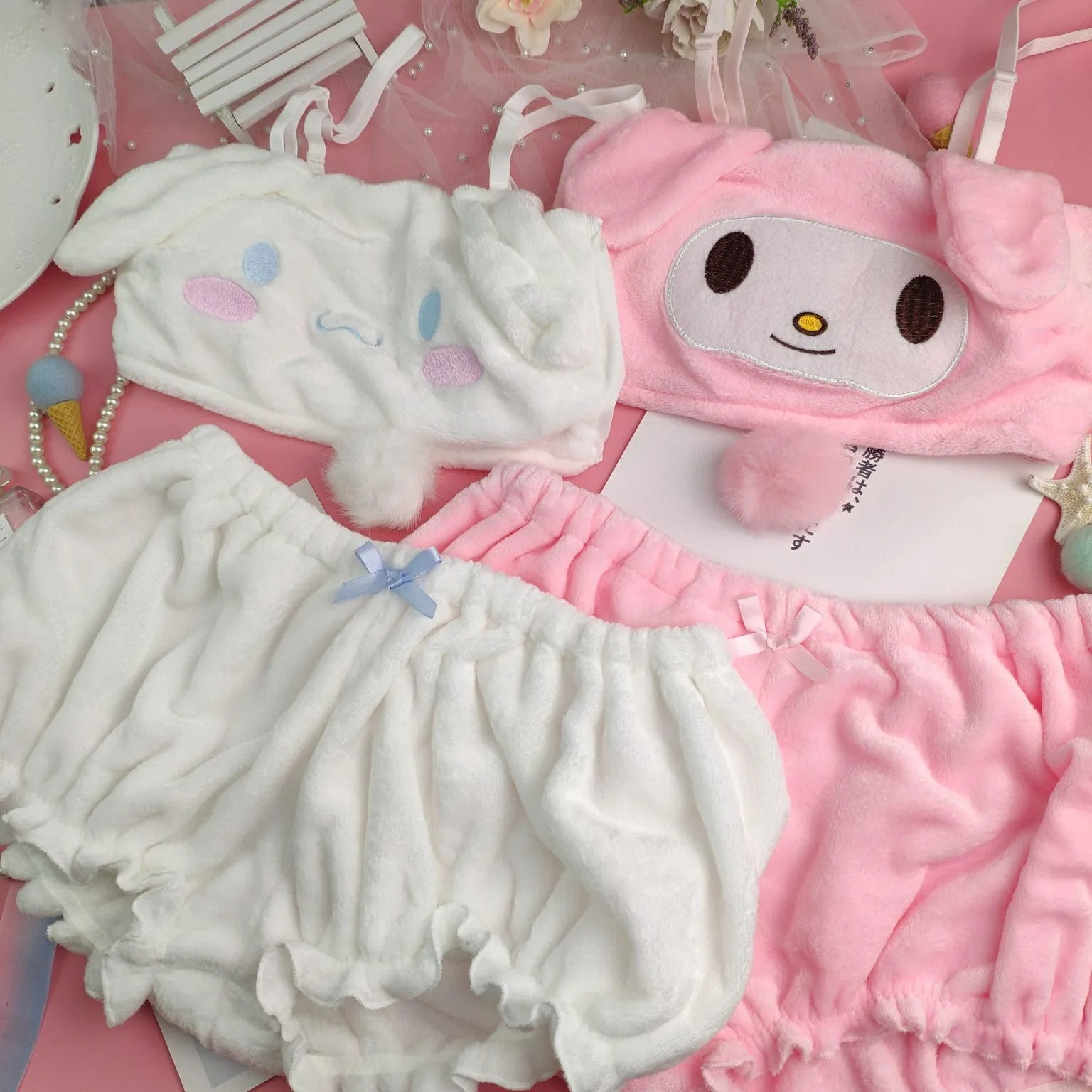 

Kawaii Girls hairy Pajamas Set Anime Cute Fluffy Tube Top Shorts Cartoon Cinnamo Bunny Ear Underwear Sleepwear Suits roll