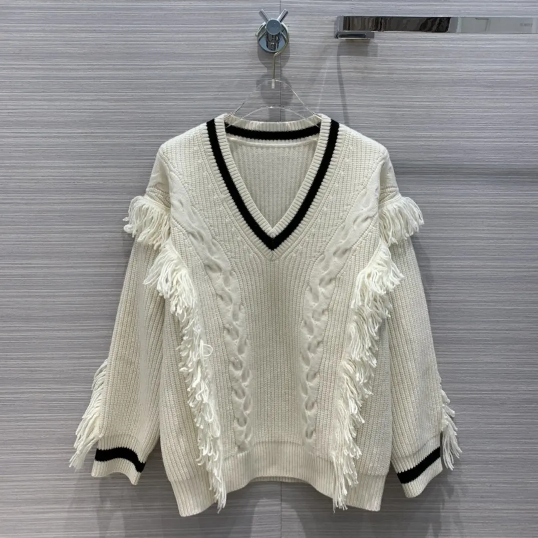 

Ladies 2023 Fashion New Long Sleeve Sexy Casual Fringed Contrasting Color V-Neck Sweater 1015