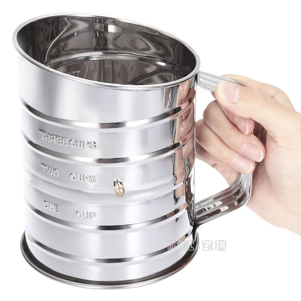 

3 Cups 4 Line Hand-held Sieve Stainless Steel Flour Mesh Sieve Baking Powder Cup Corn Sieve Powdered Sugar Stainless Steel Tool