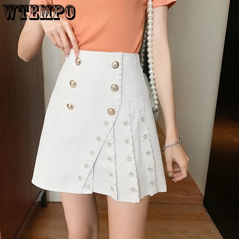 

Women Summer Pleated Skirts Denim White Pearl Button Fashion Elegant Mini Skirt A-line High Waist Casual Black Faldas Jupe Femme