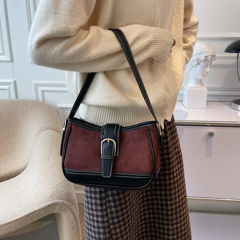 

Retro Color Contrast Small PU Leather Underarm Bag for Women 2022 Winter Designer Brand Personality Shoulder Handbag and Purses