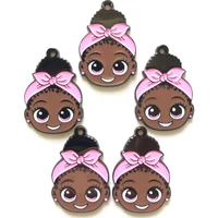 5pcs enamel alloy charms bracelet pink cute little afro african black girl necklace pendant keychain jewelry findings wholesale