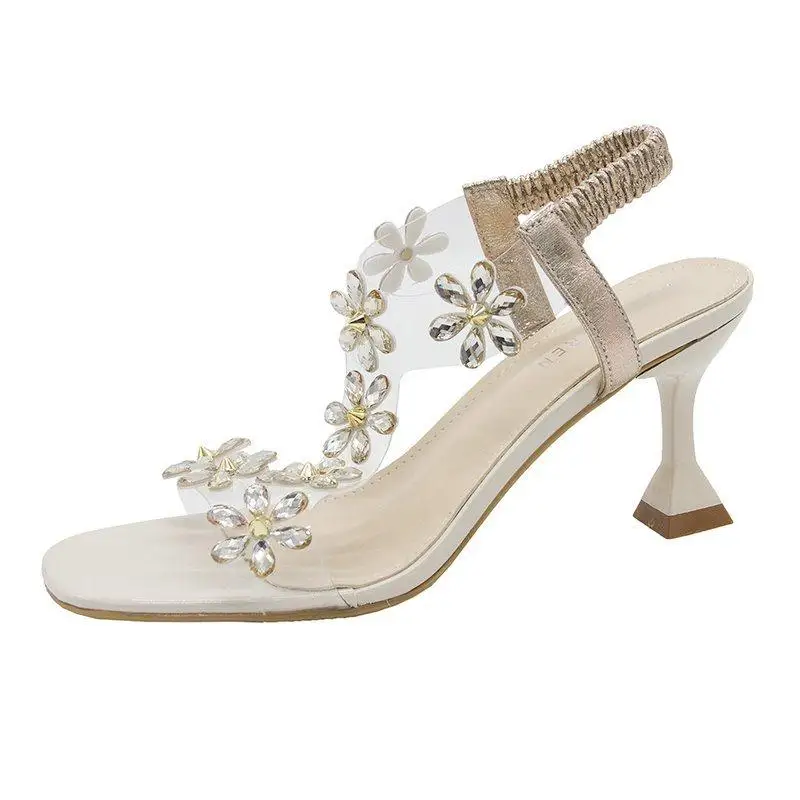 

Velvet Shoes 2021 Summer Female Sandal High Heels All-Match Suede Girls Comfort High-heeled Fashion Sexy Plastic Beige Rhineston