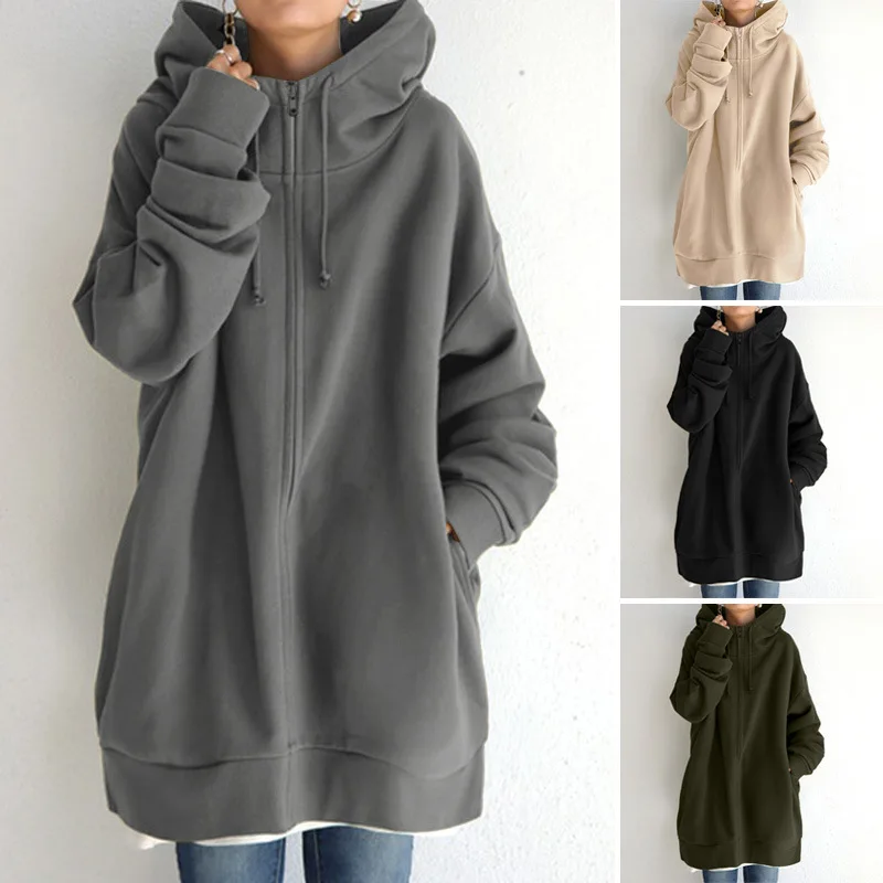 Women Vintage Soild Hooded Jacket Women Zip Up Long Sleeve Pocket Autumn Winter Streetwear Coat Y2K Aesthetic Loose Hoodies