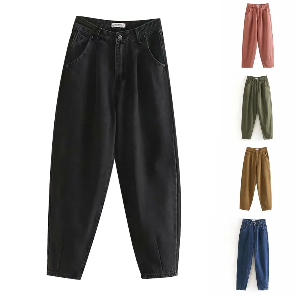 Женские свободные джинсы с высокой талией повседневные однотонные узкие и