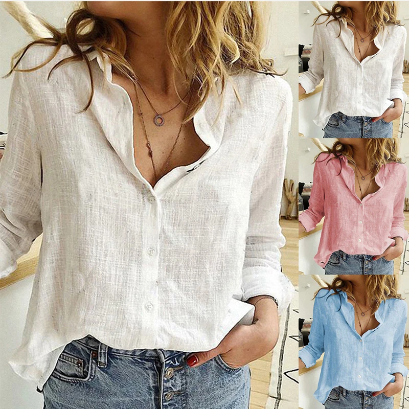

Cotton Linen Women's Solid Shirt 2021 Leisure Shirts Button V Neck Cardigan Top Loose Long Sleeve