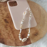 Boho Pearl Shell Crystal Mobile Phone Charm Chain Strap For Women Girl Luxury Stone Telephone Case Jewelry Anti-lost Rope New
