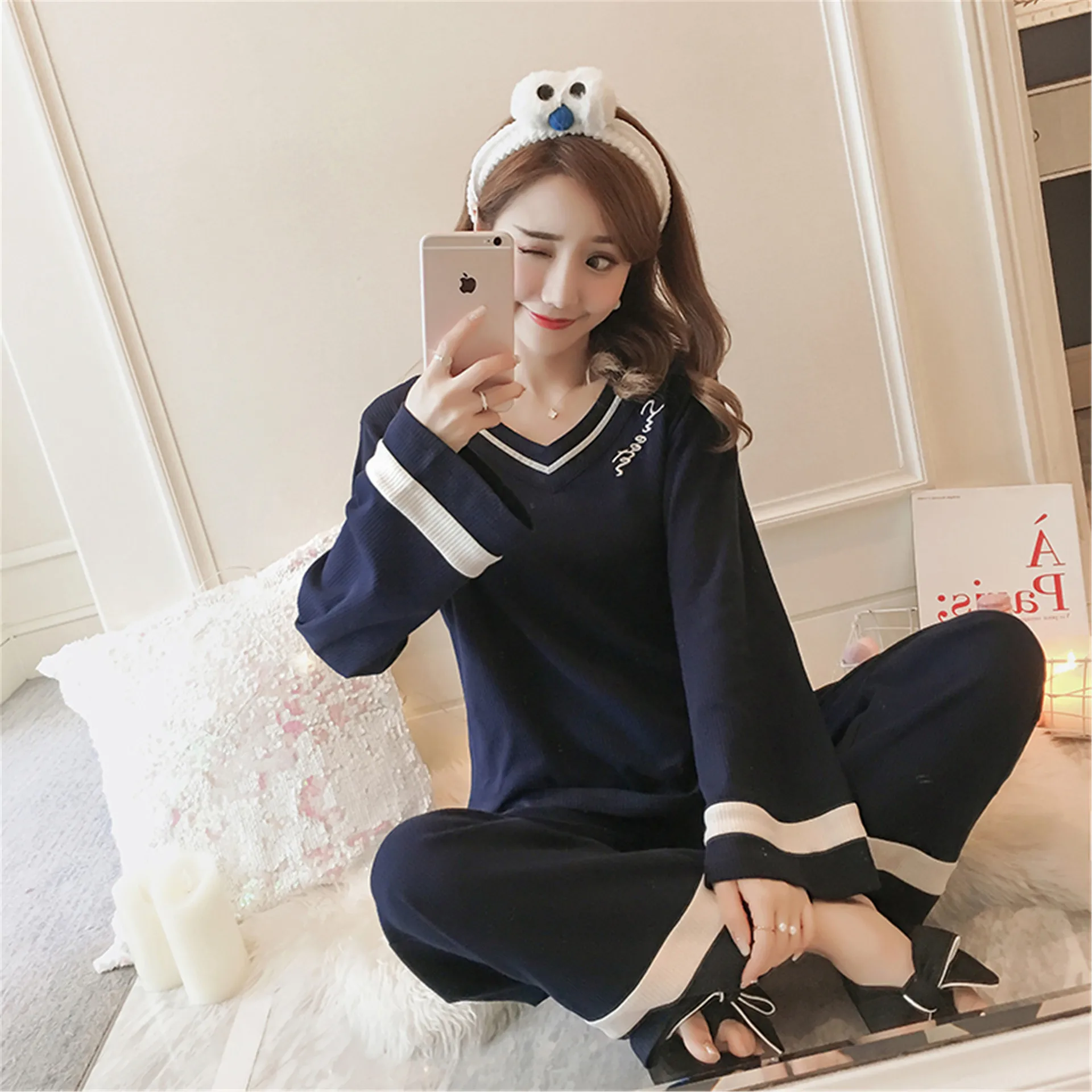 Осенние длинные пижамы с сердцем женские милые длинными рукавами 100% хлопок