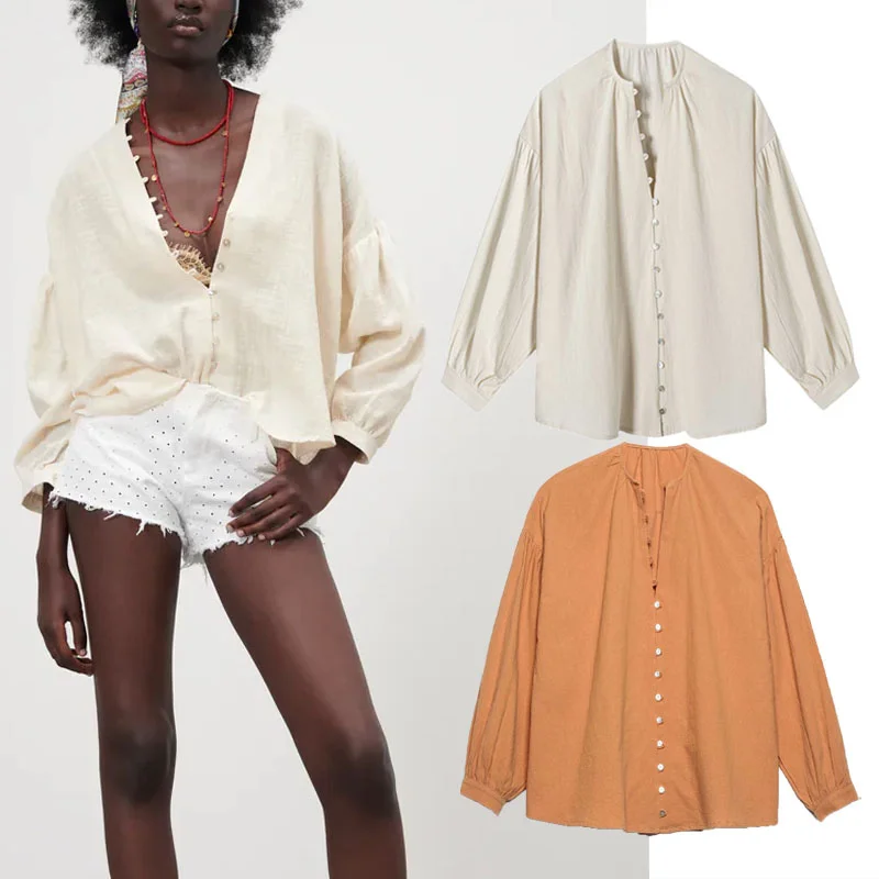 

Женская рубашка с пуговицами Za, винтажная оранжевая Повседневная Блузка с V-образным вырезом и длинными рукавами-фонариками, свободного пок...