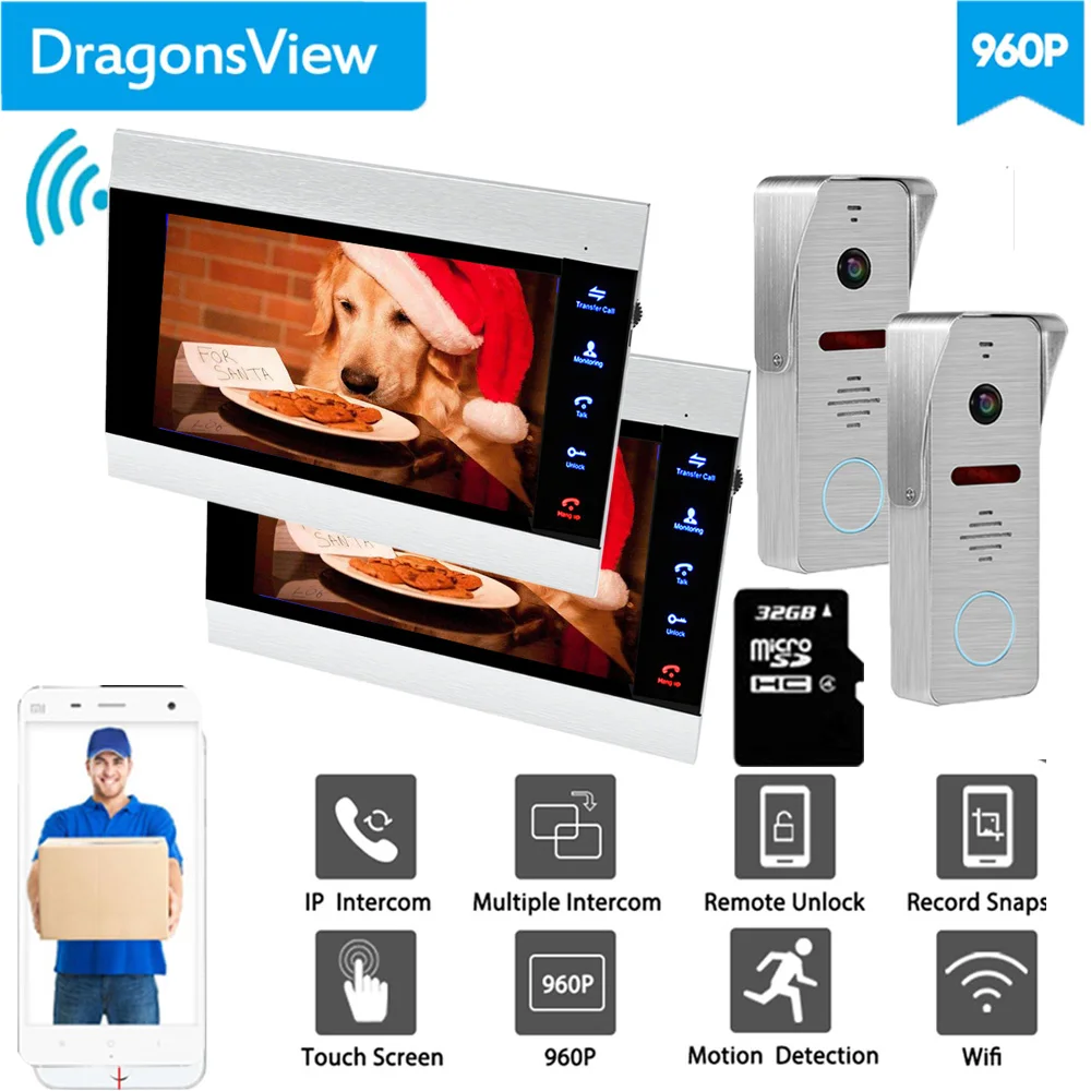 【Wide широкоугольный 960p】 dragonsview 7 ''Wifi видеодомофон дверной звонок с камерой 2 монитора 2 дверные звонки передача вызова Motion Detectio