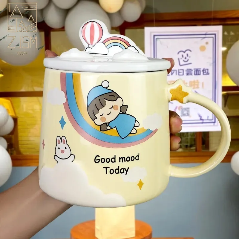 

400ML Cute Ceramic Mug Cute Pattern Office Home Milk Cup with Spoon Lid Couple Gifts Mobile Phone Holder Girl Drinking Glass