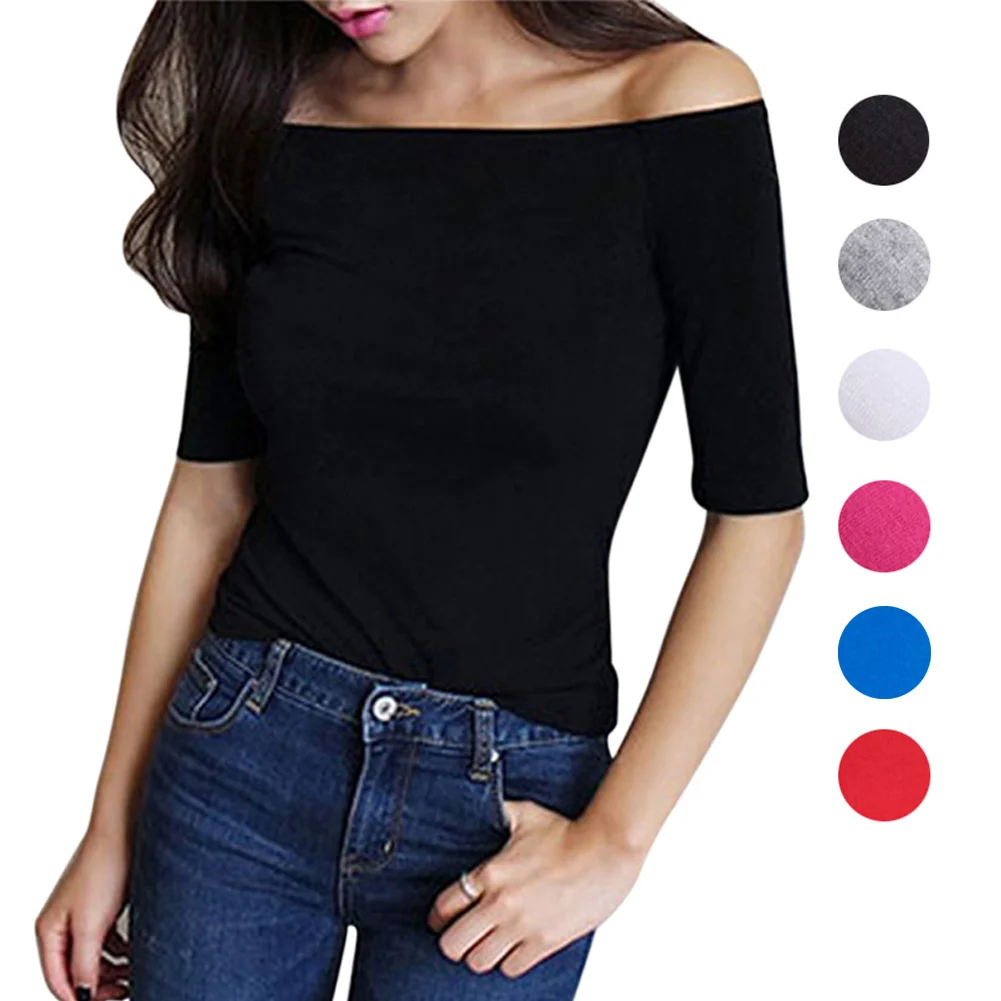 

NEW Women Autumn T-shirts Half Sleeves Off Shoulder Pullover Slim Fit Casual Tops