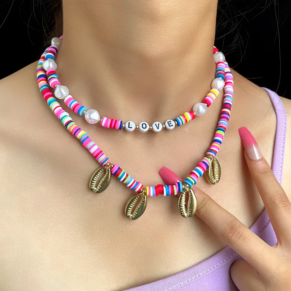 

Multi-layer Rainbow Soft Clay Letter Beaded Necklace For Women Girls Irregular Pearl Metal Shell Choker Necklaces Jewelry Gifts