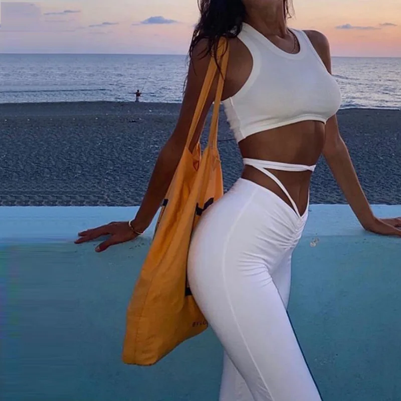 

2021 Summer Y2K Bandage Women Straight Pants Solid Elastic High Waist Hollow Slim Long Trousers Street Leisure Fashion Outfits