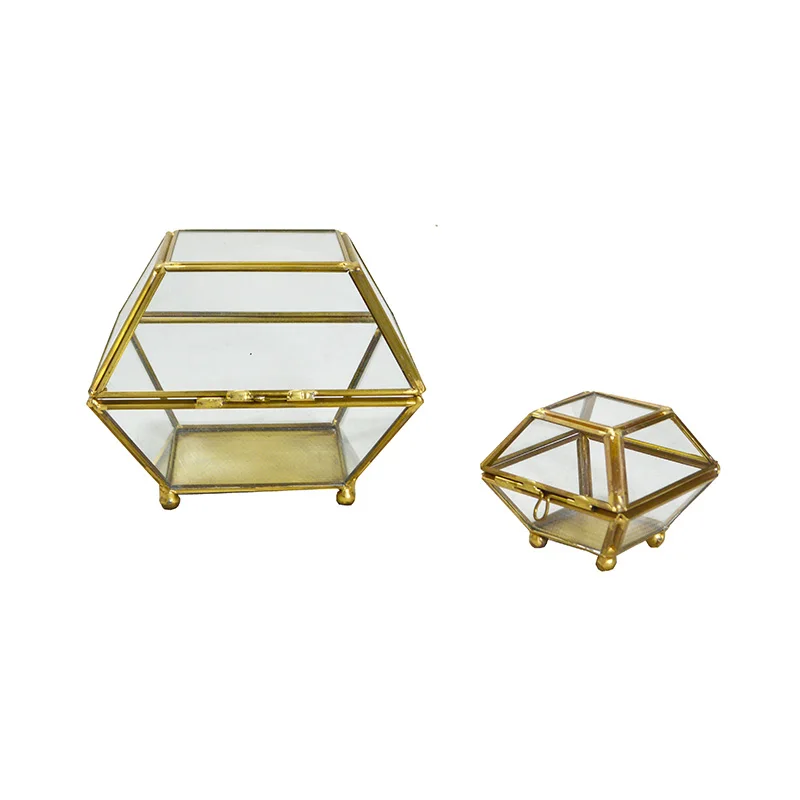 Металлическая стеклянная коробка геометрической формы с крышкой прозрачная для