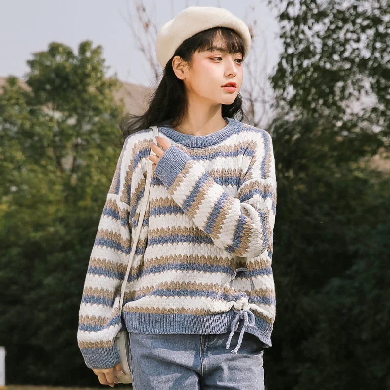 

Striped Knitted Sweater Long Sleeve Knit Top Tops For Female Sweaters Japanese Streetwear Women Pullovers Jersey Pastel Clothes