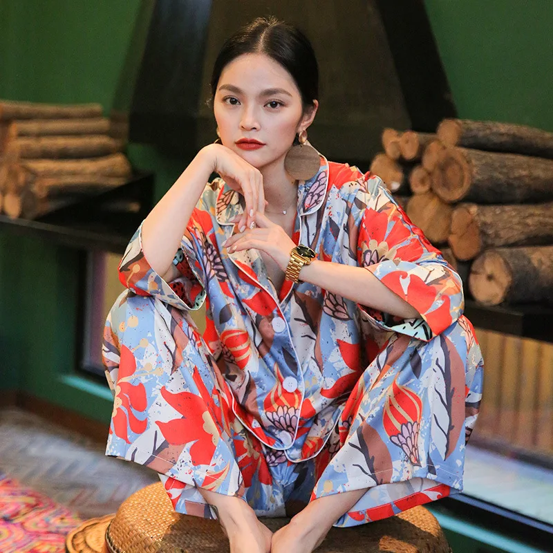 Long sleeved pajamas women's high-grade printed two-piece set of simulated silk  women pajamas